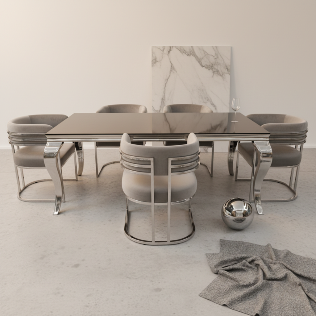 7-Piece Modern Dining Set with Black Glossy Table, Chrome Cabriole Legs, and Grey Velvet Chairs